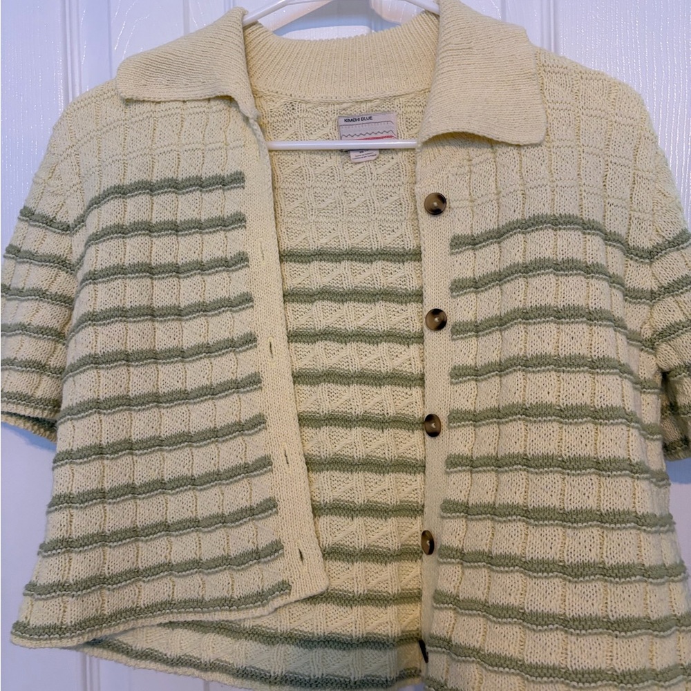 Short-Sleeve Knit Cardigan Sweater - Pale Yellow with Sage Stripes